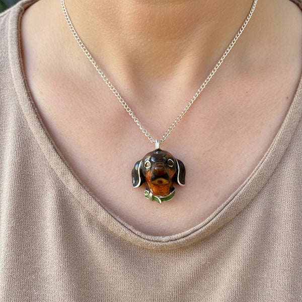 Heavy Solid Silver Dachshund Dog Enamel Pendant Necklace - Boylerpf
