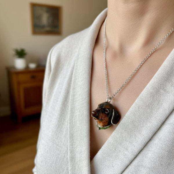 Heavy Solid Silver Dachshund Dog Enamel Pendant Necklace - Boylerpf