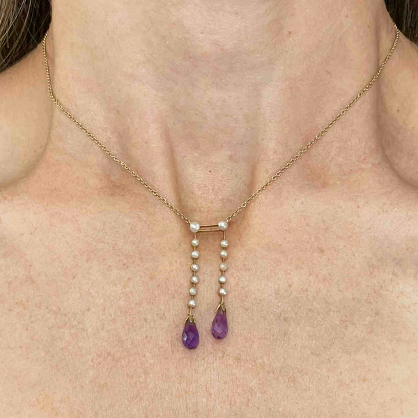 Vintage 14K Gold Pearl Amethyst Lavaliere Necklace - Boylerpf