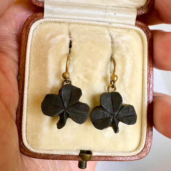 Antique Victorian Irish Bog Oak Shamrock Earrings
