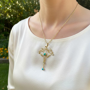 Antique Edwardian 9K Gold Pearl Turquoise Pendant - Boylerpf