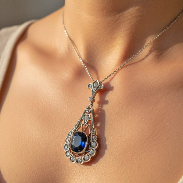 Edwardian Mine Cut Diamond 6.5 CTW Sapphire Pendant Necklace - Boylerpf