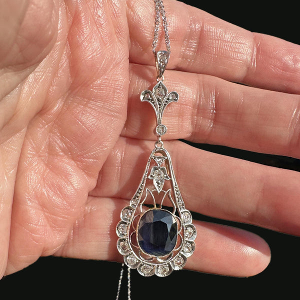 Edwardian Mine Cut Diamond 6.5 CTW Sapphire Pendant Necklace - Boylerpf