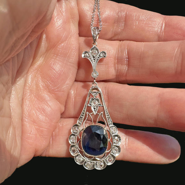 Edwardian Mine Cut Diamond 6.5 CTW Sapphire Pendant Necklace - Boylerpf