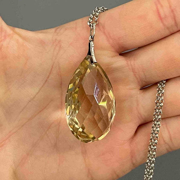 Vintage Silver 60 Carat Citrine Teardrop Pendant Necklace - Boylerpf