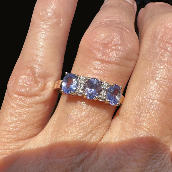 Vintage 14K Gold Three Stone Diamond Tanzanite Ring - Boylerpf