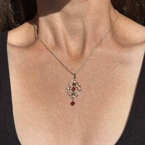 Antique Edwardian 9K Gold Garnet Seed Pearl Pendant Necklace - Boylerpf