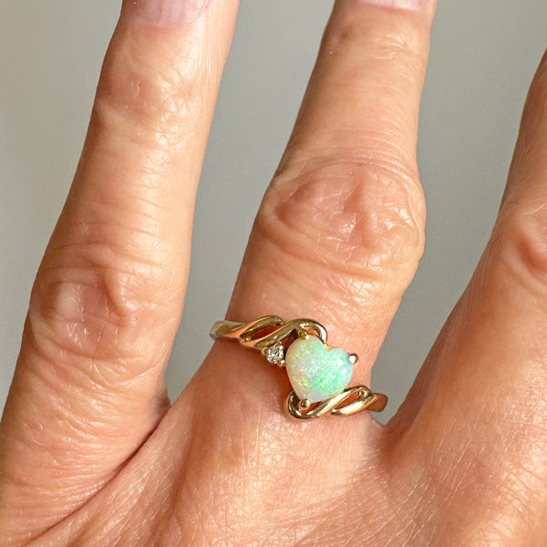 Vintage Gold Opal Heart Ring with Diamond Accent - Boylerpf