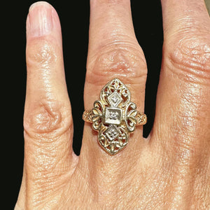 Vintage Two Tone Gold Floral Filigree Diamond Shield Ring - Boylerpf