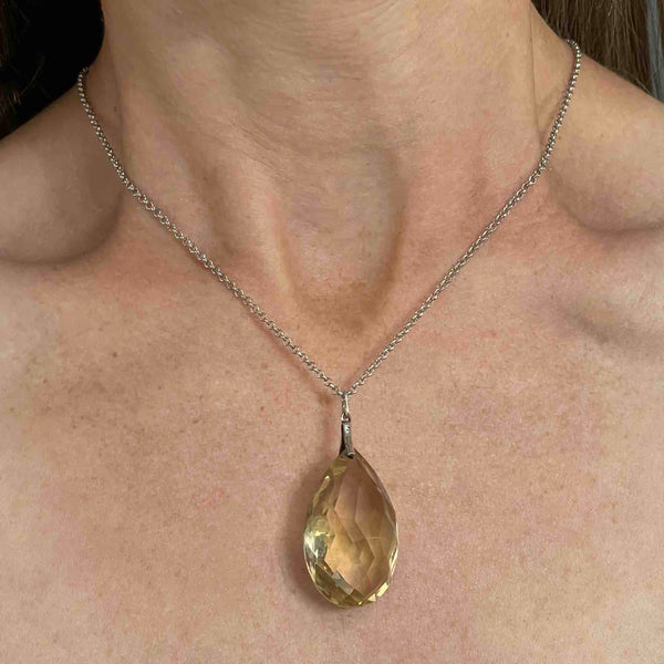 Vintage Silver 60 Carat Citrine Teardrop Pendant Necklace - Boylerpf