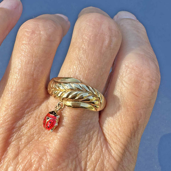 14K Gold Leaf Red Enamel Ladybug Charm Ring - Boylerpf