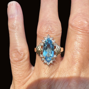 Vintage Gold Marquise Blue Topaz Diamond Cluster Ring - Boylerpf