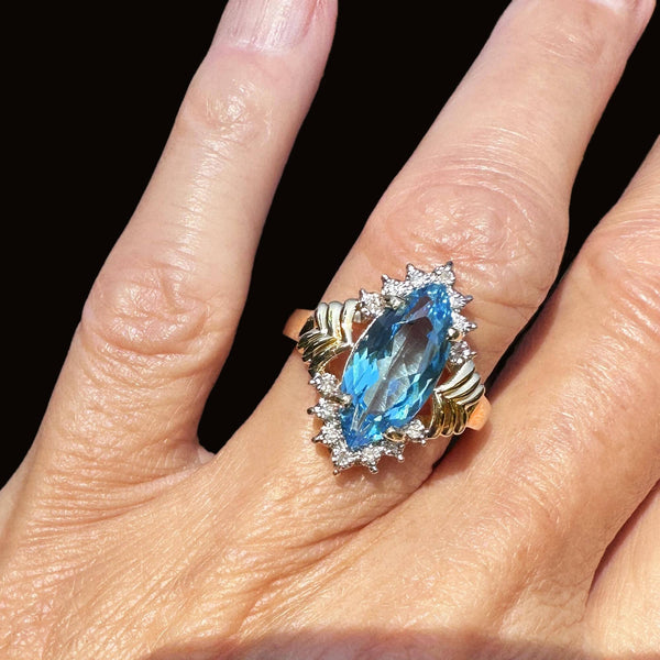 Vintage Gold Marquise Blue Topaz Diamond Cluster Ring - Boylerpf