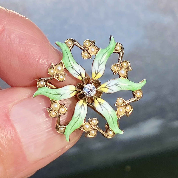 Art Nouveau Enamel Flower Pearl Diamond Brooch - Boylerpf