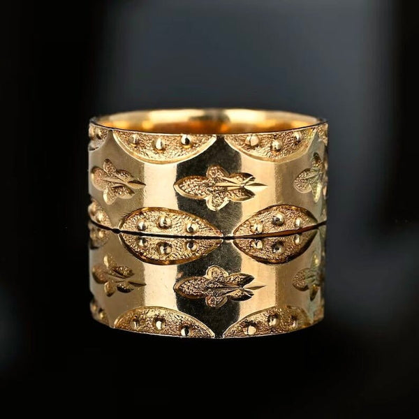 Antique Edwardian Wide 14K Gold Oak Leaf Ring Band - Boylerpf