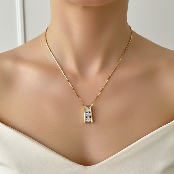 Vintage 14K Gold Triple Diamond Cluster Pendant Necklace - Boylerpf