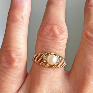 Vintage 10K Gold Shrimp Style Diamond Pearl Solitaire Ring - Boylerpf