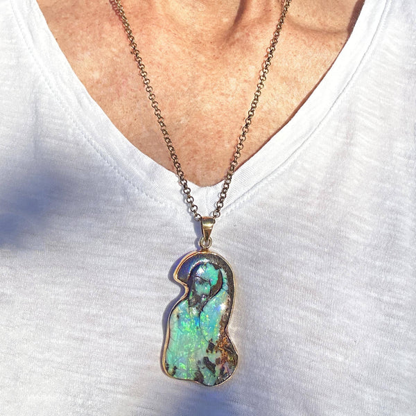 Extra Large Carved Leaf Boulder Opal Pendant Necklace - Boylerpf