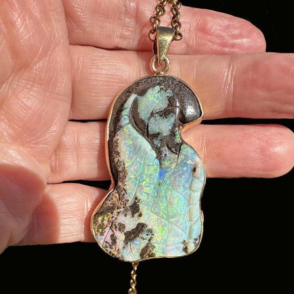 Extra Large Carved Leaf Boulder Opal Pendant Necklace - Boylerpf