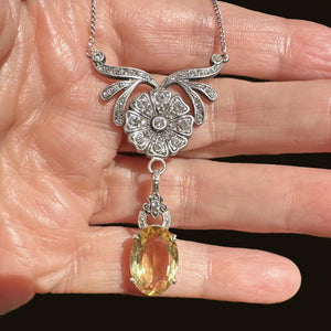 Art Deco Diamond Paste Flower Citrine Pendant Necklace - Boylerpf