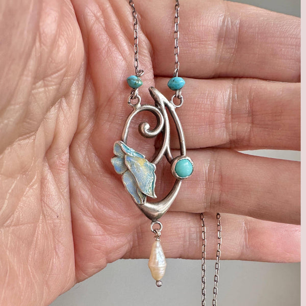 Arts & Crafts Charles Horner Enamel Flower Turquoise Necklace - Boylerpf