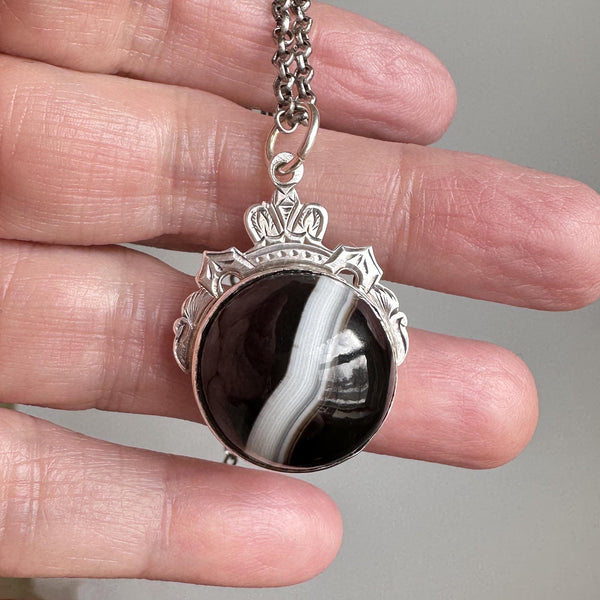 Antique Silver Crown Motif Banded Agate Bloodstone Pendant Fob - Boylerpf