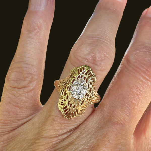 Vintage 10K Gold Filigree Diamond Shield Ring, Art Deco - Boylerpf