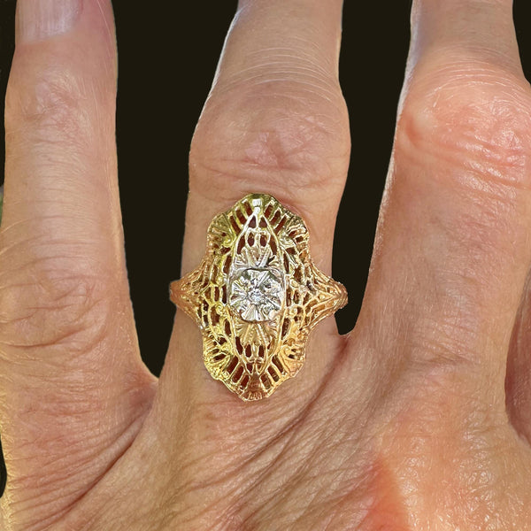 Vintage 10K Gold Filigree Diamond Shield Ring, Art Deco - Boylerpf