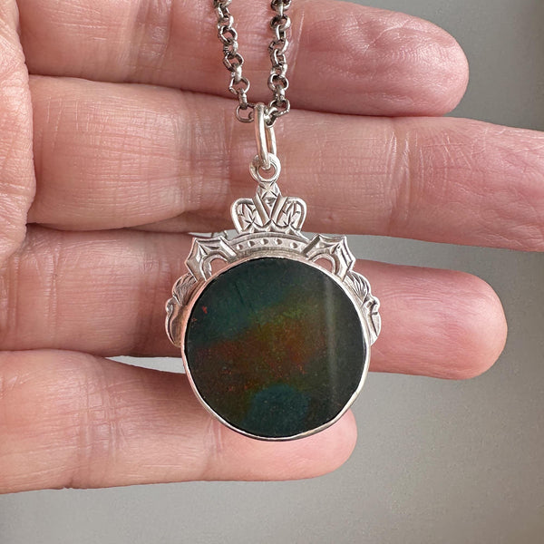 Antique Silver Crown Motif Banded Agate Bloodstone Pendant Fob - Boylerpf