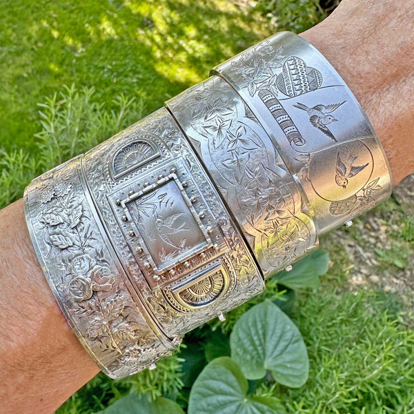 Antique Victorian Swallow Engraved Silver Bangle Bracelet - Boylerpf