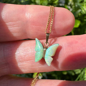 Vintage 9K Gold Carved Opal Butterfly Pendant Necklace - Boylerpf
