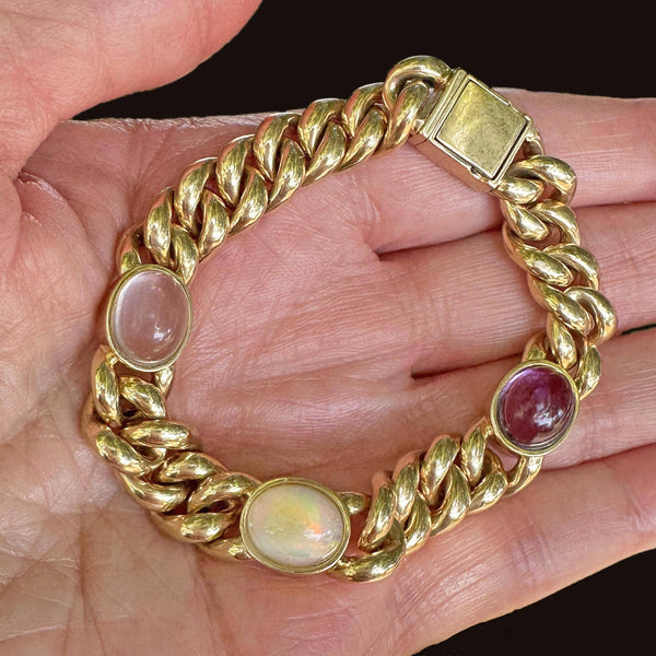 Solid 14K Gold Curb Chain Amethyst Pink Quartz Opal Bracelet - Boylerpf