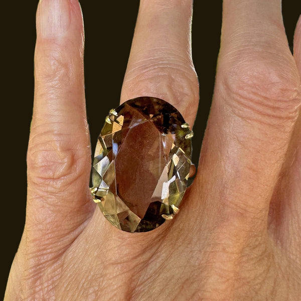 Mid Century 14K Gold Oval 26 CTW Smoky Quartz Ring - Boylerpf