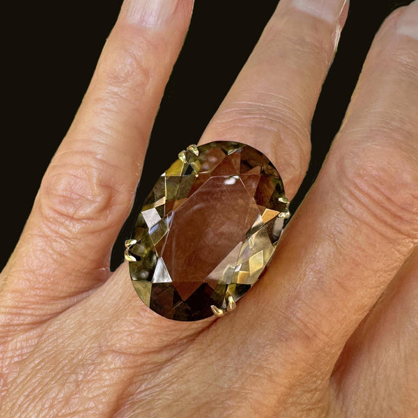 Mid Century 14K Gold Oval 26 CTW Smoky Quartz Ring - Boylerpf