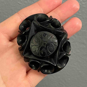 Antique Victorian Large Carved Whitby Jet Brooch - Boylerpf