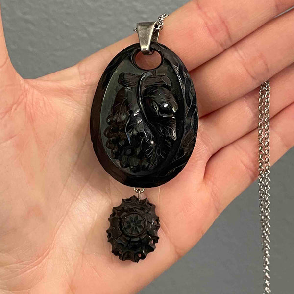 Antique Victorian Carved Whitby Jet Grape Pendant Necklace - Boylerpf