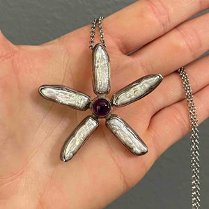 Vintage Silver Amethyst Baroque Pearl Star Pendant Necklace - Boylerpf