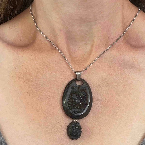 Antique Victorian Carved Whitby Jet Grape Pendant Necklace - Boylerpf