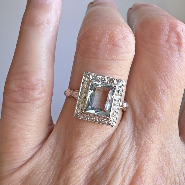 Art Deco Diamond Accent Aquamarine Ring in White Gold - Boylerpf