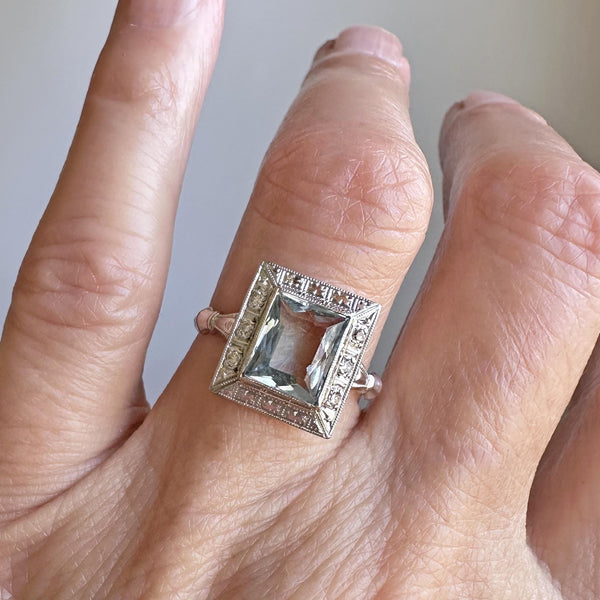 Art Deco Diamond Accent Aquamarine Ring in White Gold - Boylerpf