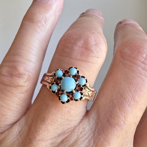 Antique Victorian Engraved Gold Turquoise Cluster Ring - Boylerpf