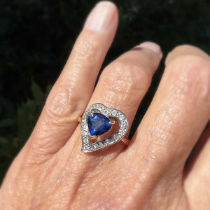 Vintage 14K Gold Diamond Halo Witches Heart Sapphire Ring - Boylerpf