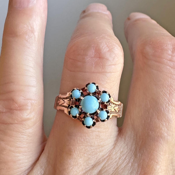 Antique Victorian Engraved Gold Turquoise Cluster Ring - Boylerpf