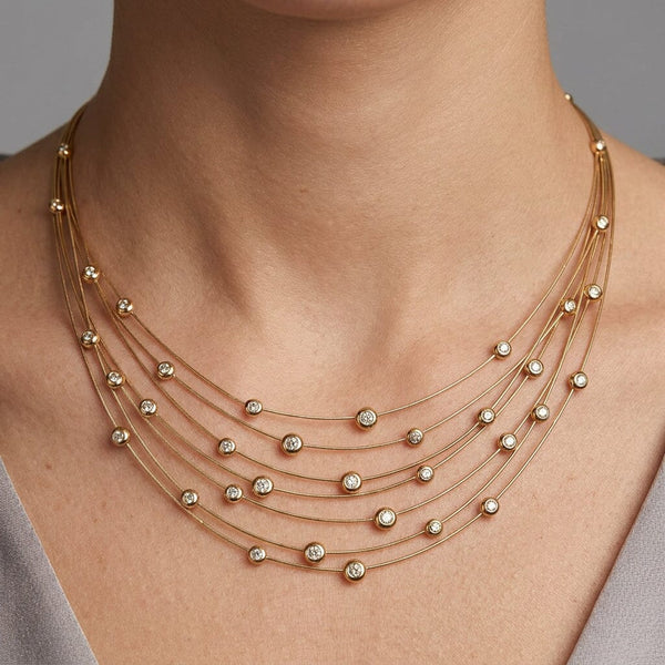 Vintage 18K Gold Floating Diamond Bib Collar Necklace