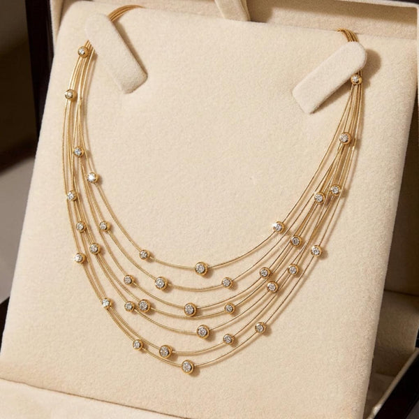 Vintage 18K Gold Floating Diamond Bib Collar Necklace