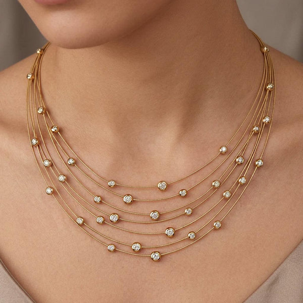 Vintage 18K Gold Floating Diamond Bib Collar Necklace