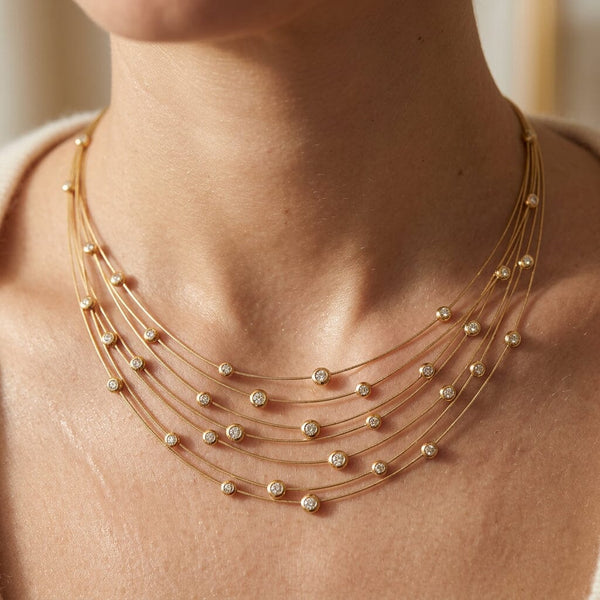 Vintage 18K Gold Floating Diamond Bib Collar Necklace