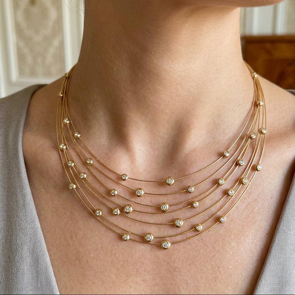 Vintage 18K Gold Floating Diamond Bib Collar Necklace