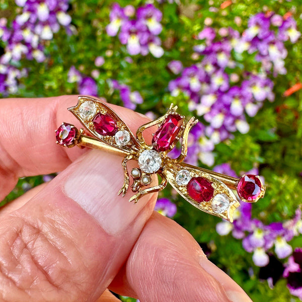 Antique 14K Gold Sapphire & Ruby Fly Insect Brooch - Boylerpf
