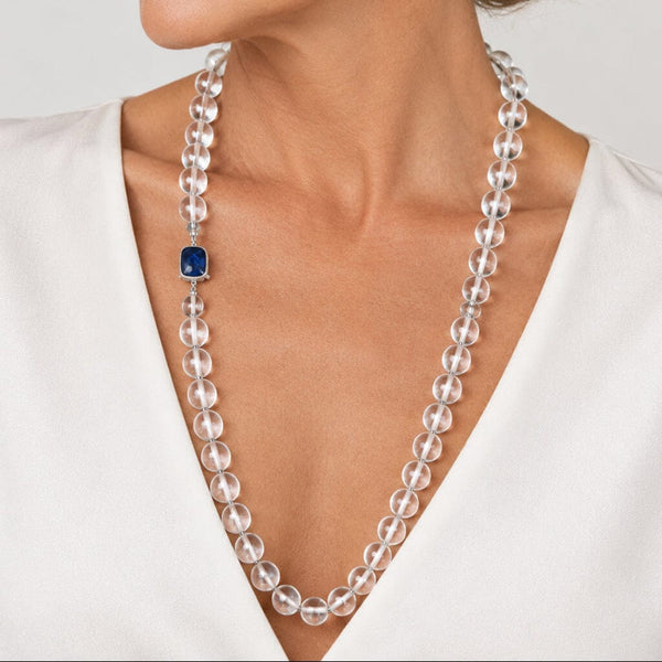 Art Deco Rock Crystal Quartz Bead Necklace Blue Cabochon - Boylerpf